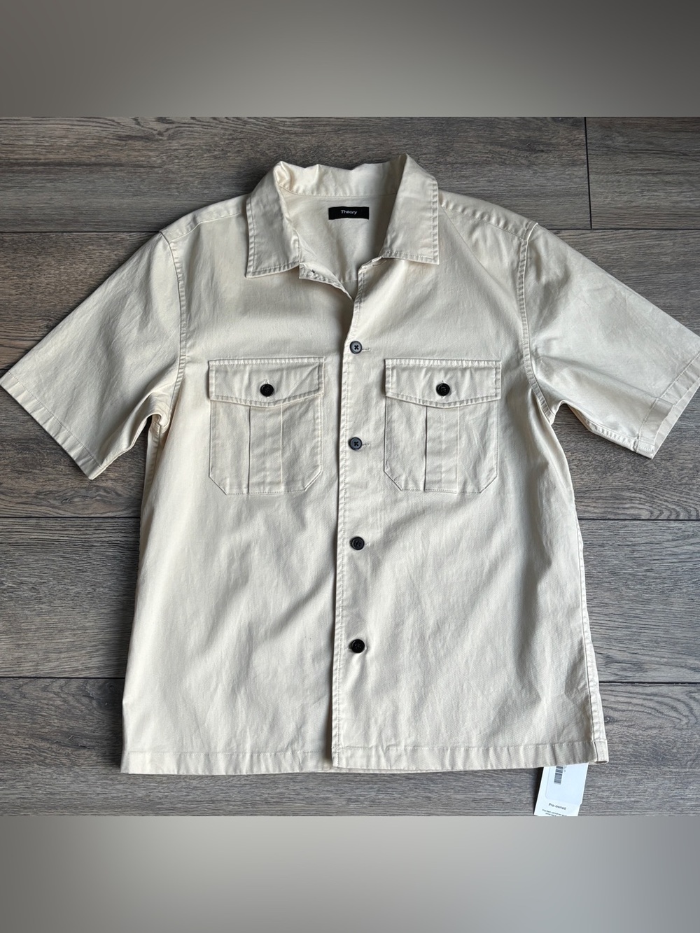 Theory Men’s Beau Hanson Twill Pocket Button Down Lyocell Shirt Beige Khaki Sz M